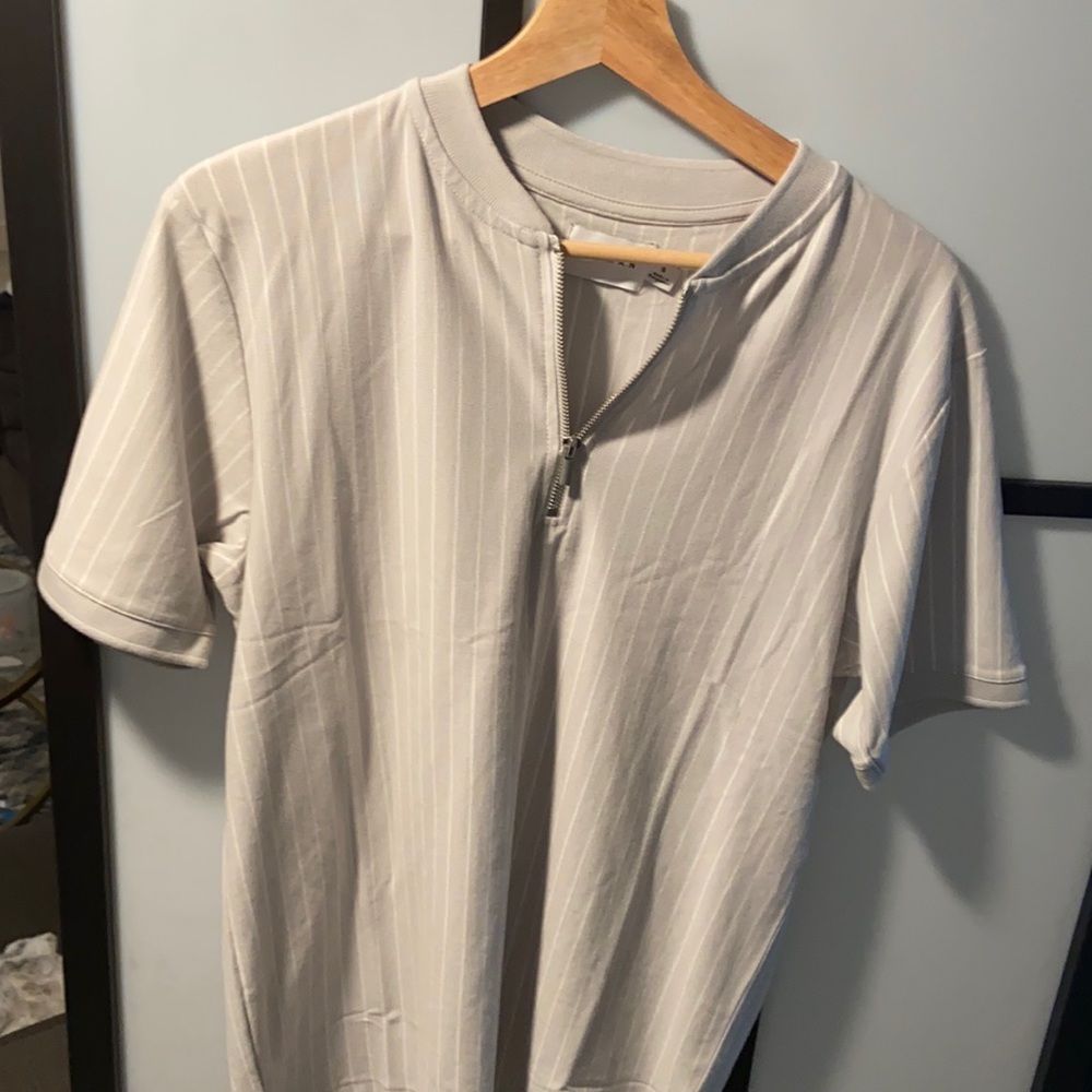 TOPMAN Gray Knit Stripped Zipper S/S Top